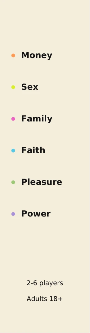 Box side listing Money, Sex, Family, Faith, Pleasure and Power.